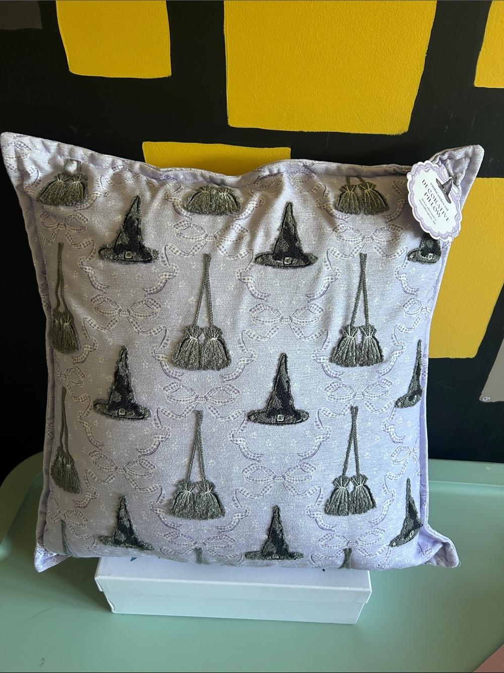 NWT Lavender Witch Hat & Broom Embroidered Decorative Pillow 20x20-Willow Wonder